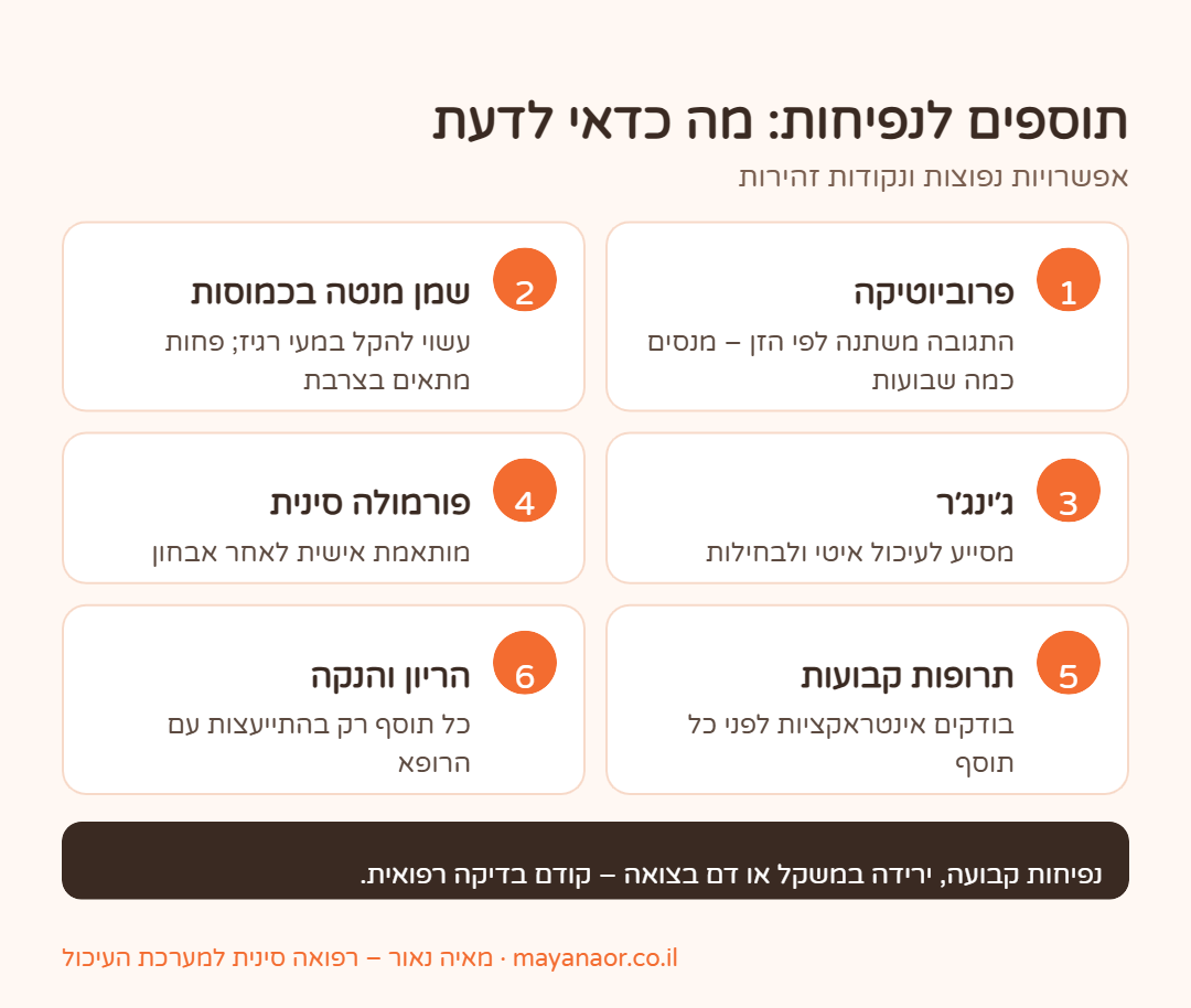 אינפוגרפיקה: תוספים נפוצים לנפיחות בבטן ונקודות זהירות לפני שימוש