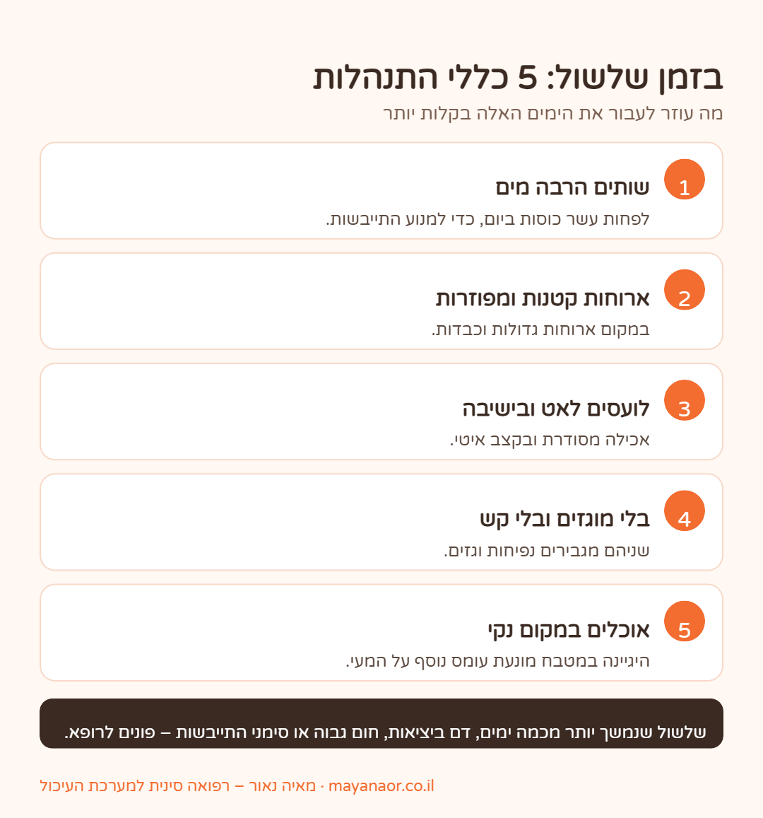 אינפוגרפיקה: 5 כללי התנהלות בזמן שלשול – שתייה, ארוחות קטנות, אכילה איטית, הימנעות ממשקאות מוגזים והיגיינה