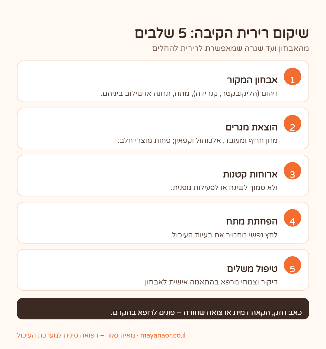 אינפוגרפיקה: 5 שלבים לשיקום רירית הקיבה – אבחון, הוצאת מגרים, ארוחות קטנות, הפחתת מתח וטיפול משלים